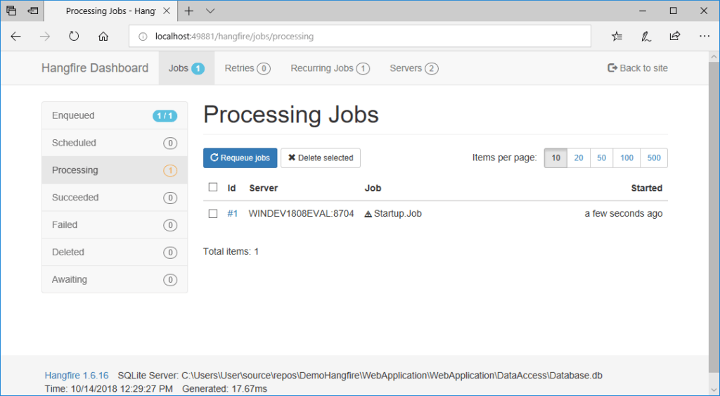 hangfire dashboard processing
