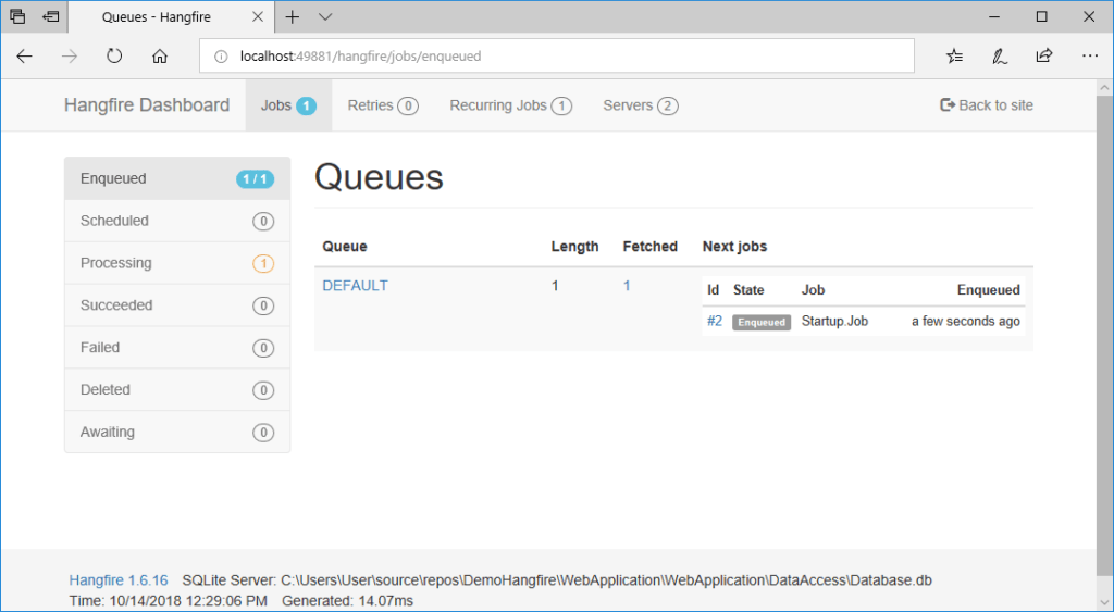 hangfire dashboard queues