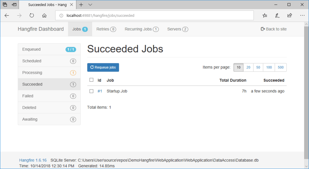 hangfire dashboard succeeded